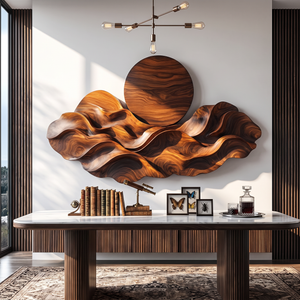 Wall Sculpture Solid Wood with Layered Wave Landscape and Circular Sun Design
