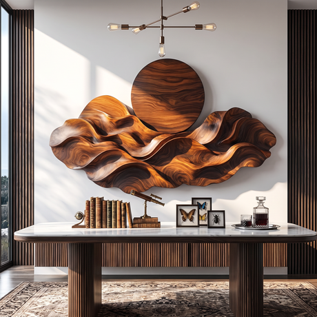Wall Sculpture Solid Wood with Layered Wave Landscape and Circular Sun Design