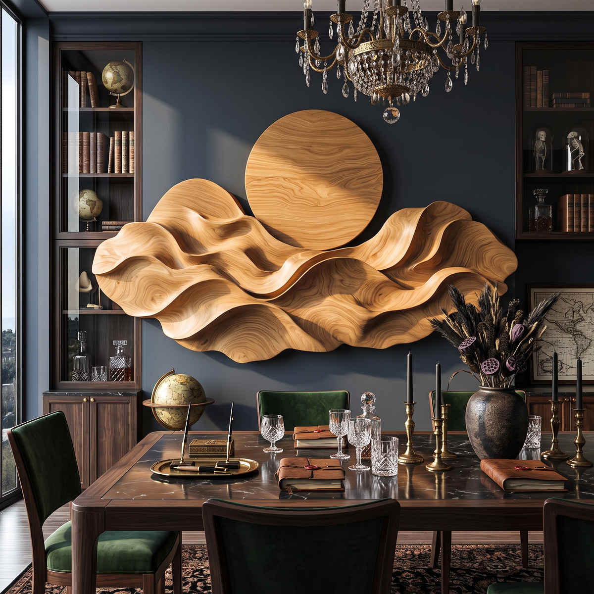 Wall Sculpture Solid Wood with Layered Wave Landscape and Circular Sun Design