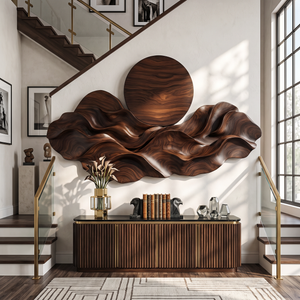 Wall Sculpture Solid Wood with Layered Wave Landscape and Circular Sun Design
