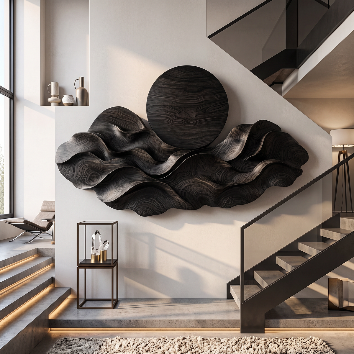 Wall Sculpture Solid Wood with Layered Wave Landscape and Circular Sun Design