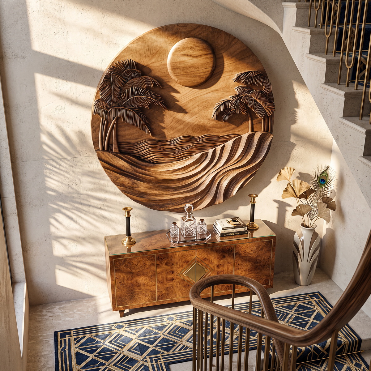 Wall Sculpture Tropical Ocean with Palm Trees and Flowing Waves