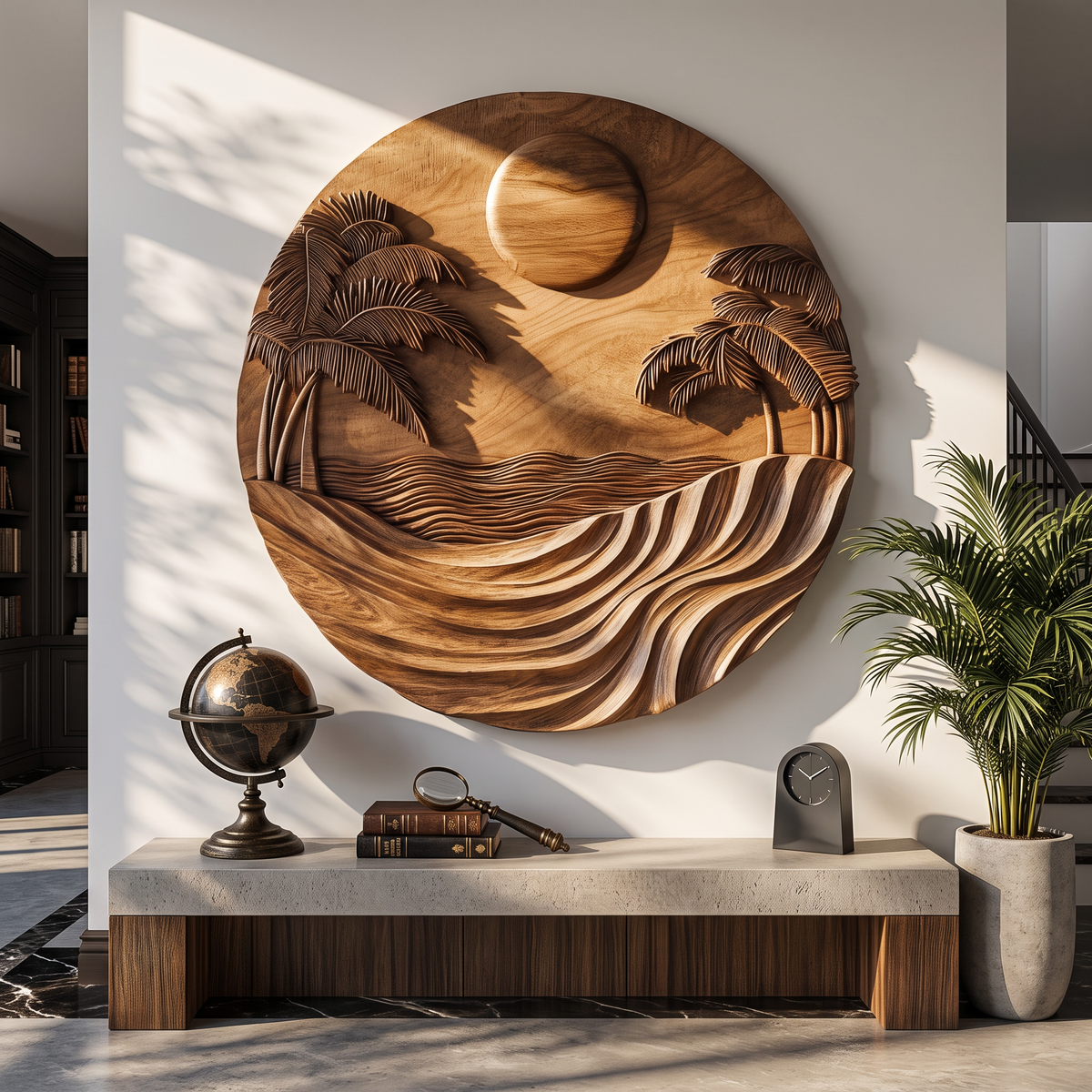 Wall Sculpture Tropical Ocean with Palm Trees and Flowing Waves