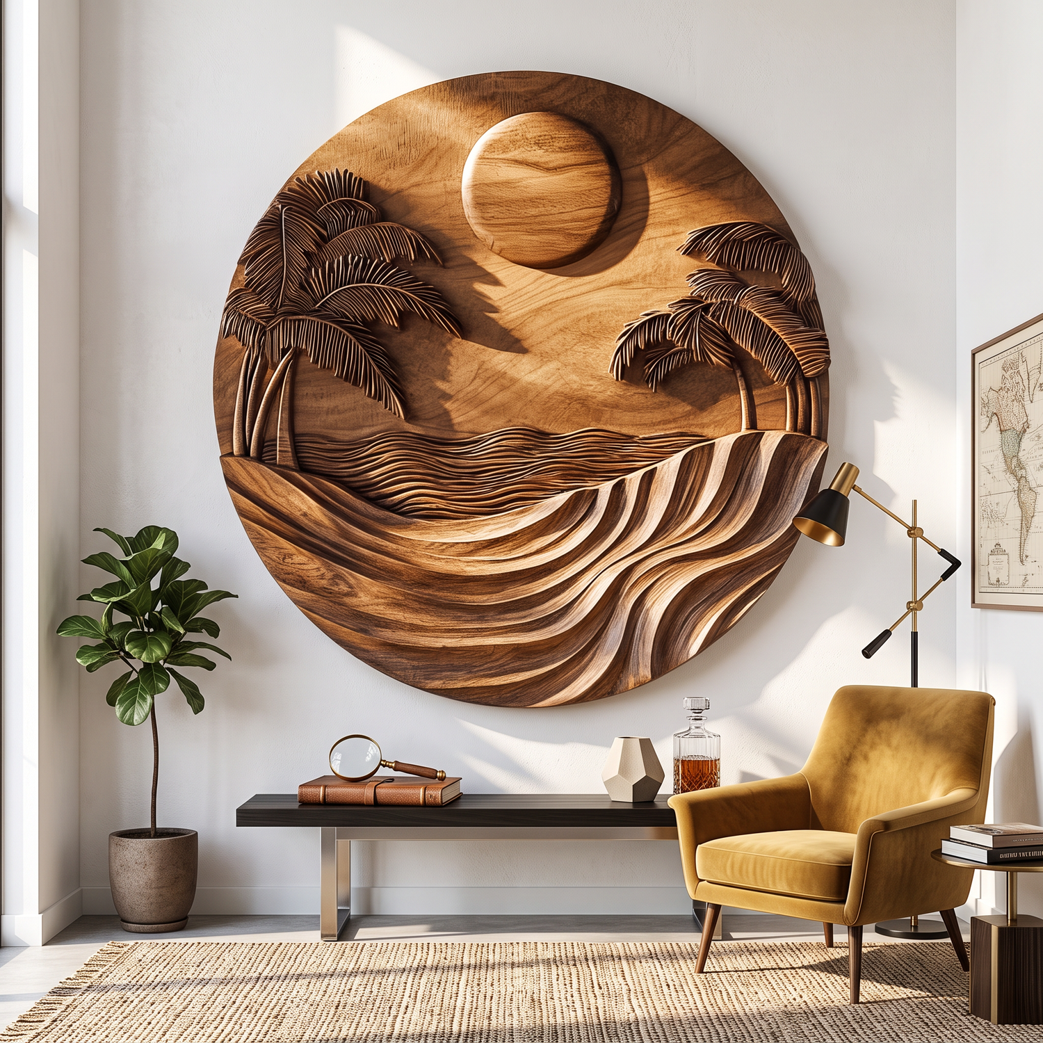 Wall Sculpture Tropical Ocean with Palm Trees and Flowing Waves