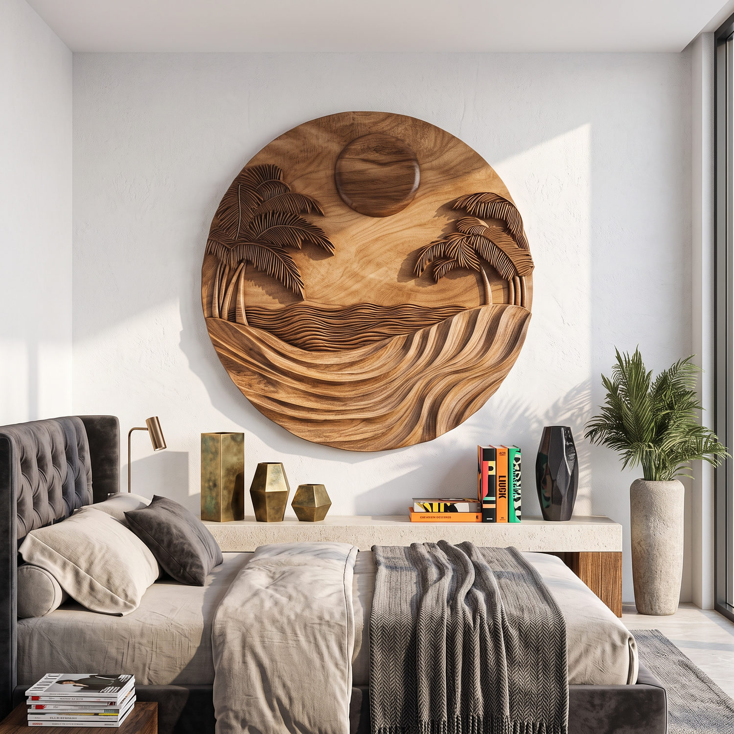 Wall Sculpture Tropical Ocean with Palm Trees and Flowing Waves