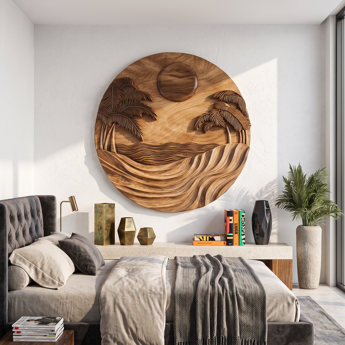 Wall Sculpture Tropical Ocean with Palm Trees and Flowing Waves