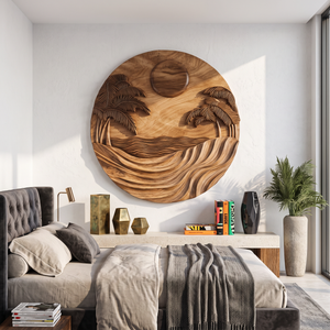 Wall Sculpture Tropical Ocean with Palm Trees and Flowing Waves