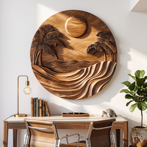 Wall Sculpture Tropical Ocean with Palm Trees and Flowing Waves
