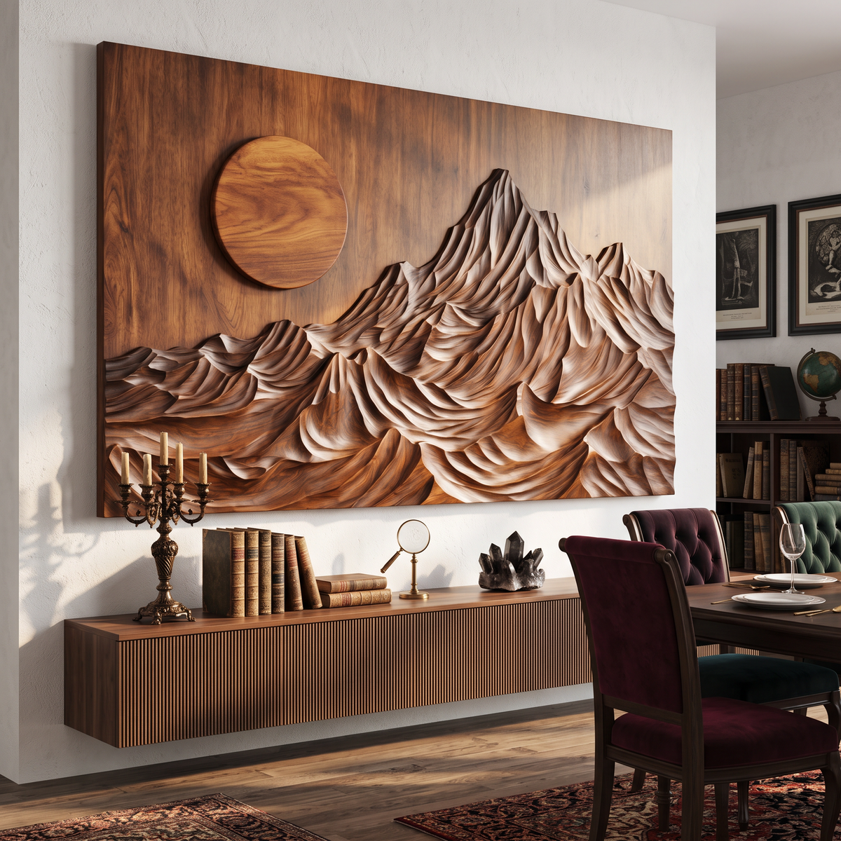 Wall Sculpture Mountain Sunrise with Layered Peaks and Flowing Ridges