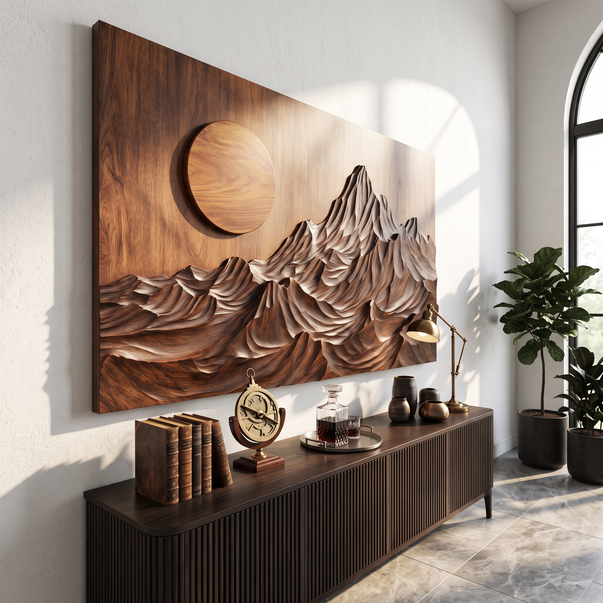 Wall Sculpture Mountain Sunrise with Layered Peaks and Flowing Ridges