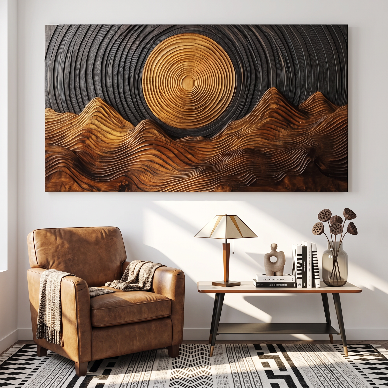 Wall Sculpture Golden Sun with Flowing Mountain Ridges