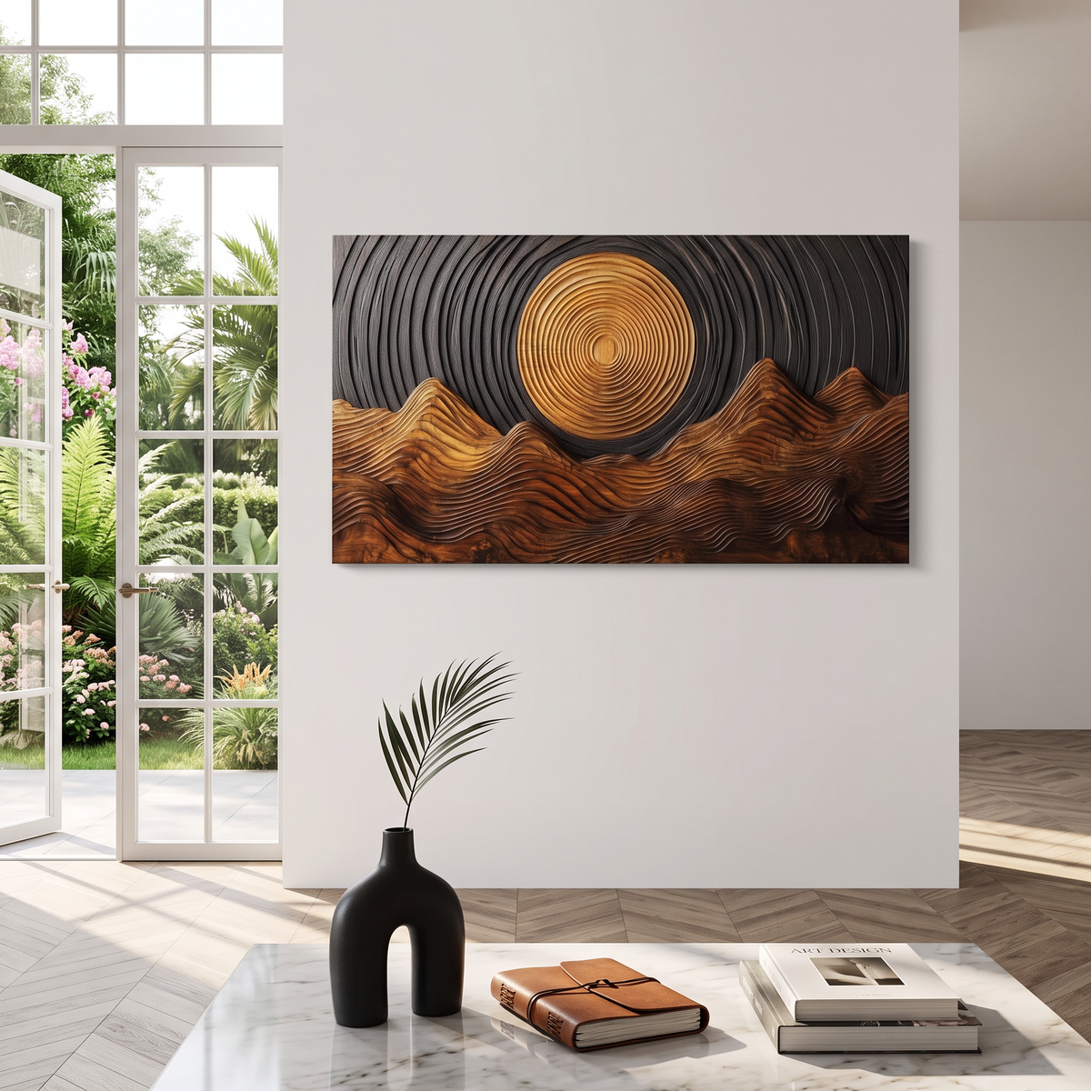 Wall Sculpture Golden Sun with Flowing Mountain Ridges