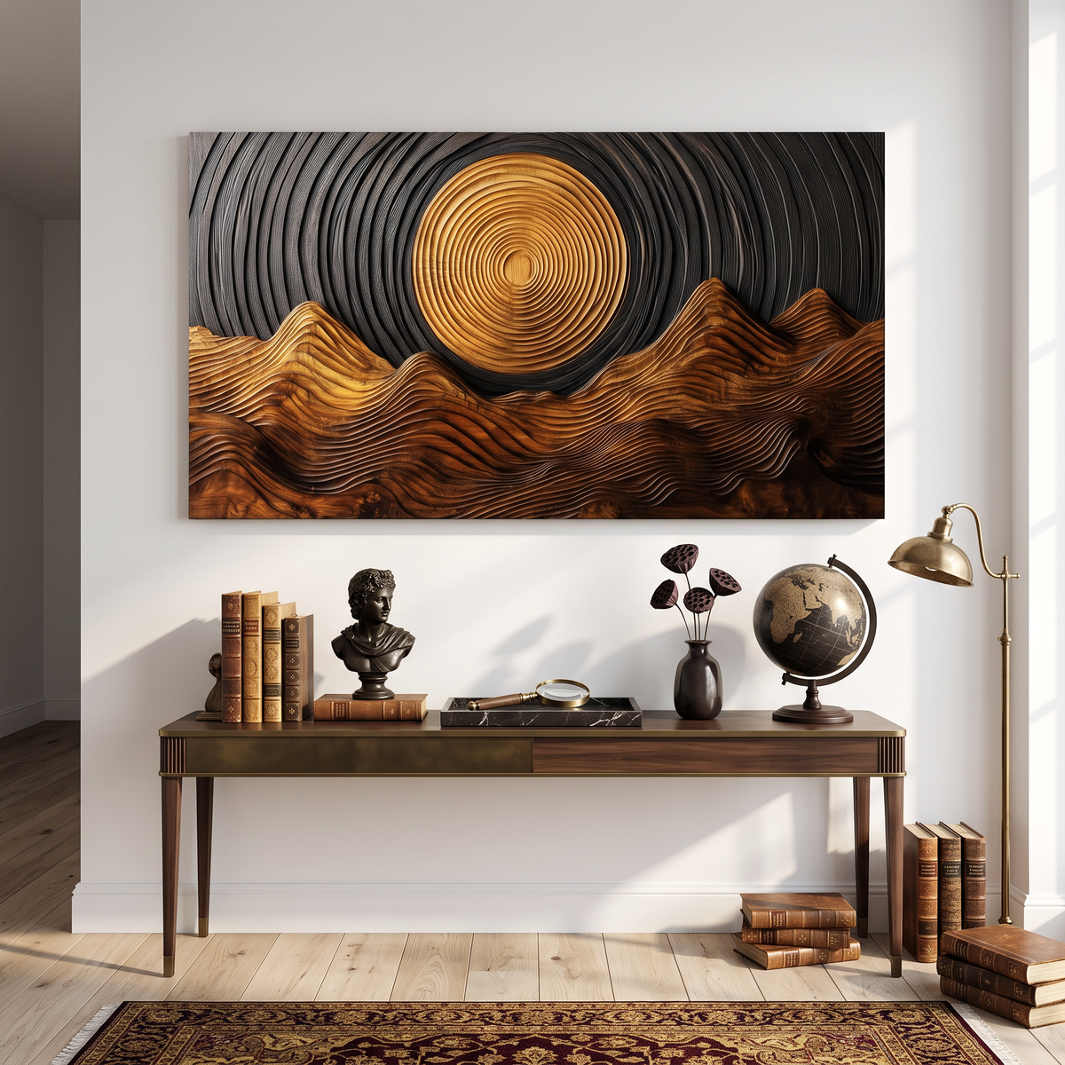 Wall Sculpture Golden Sun with Flowing Mountain Ridges