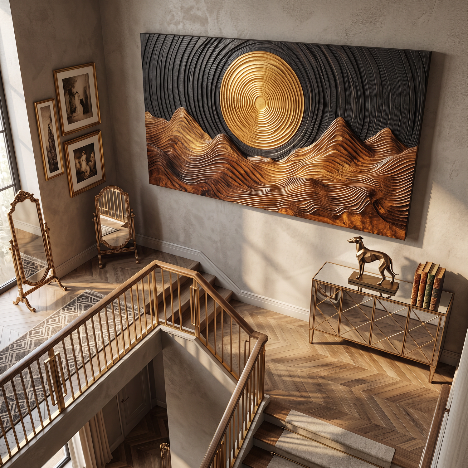 Wall Sculpture Golden Sun with Flowing Mountain Ridges
