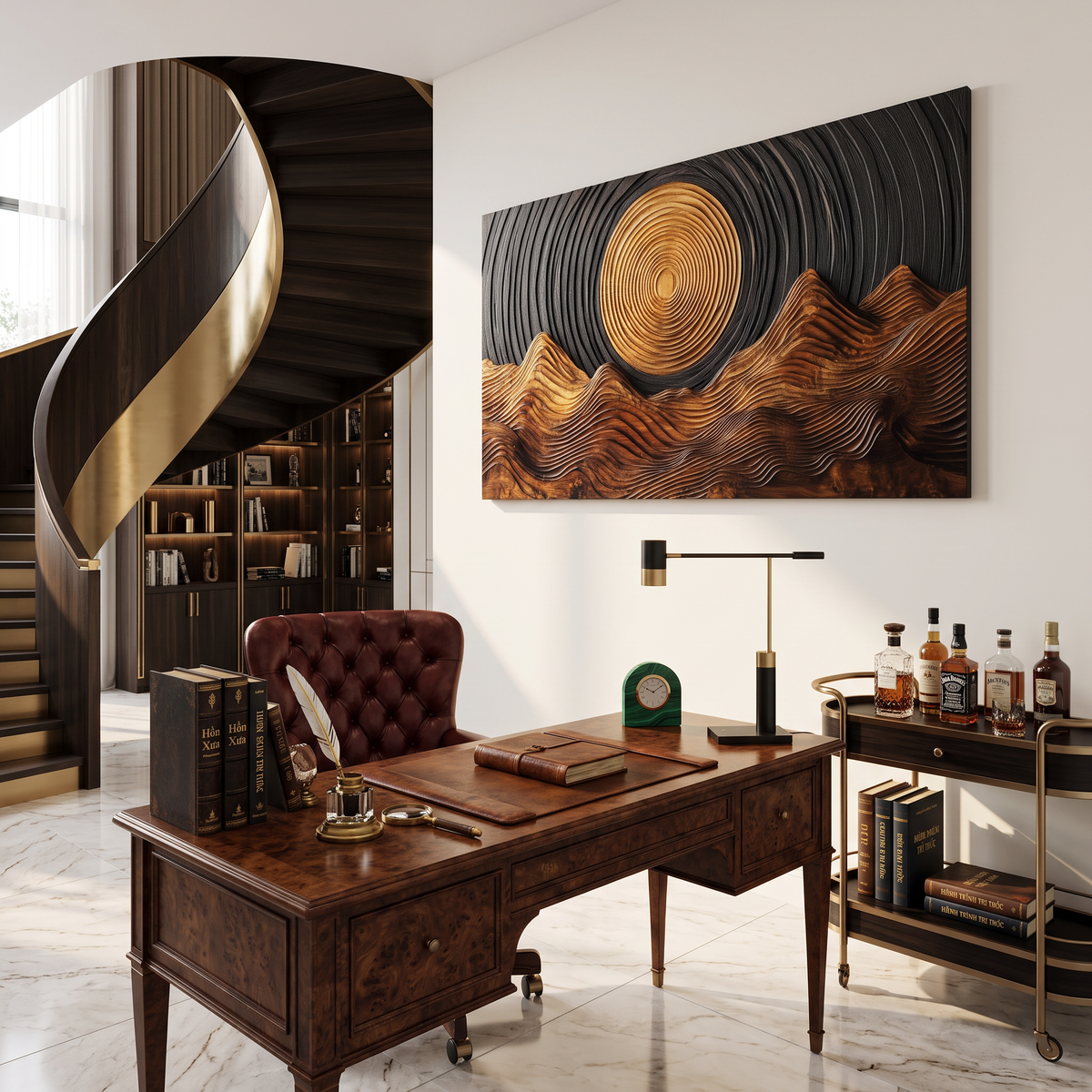 Wall Sculpture Golden Sun with Flowing Mountain Ridges