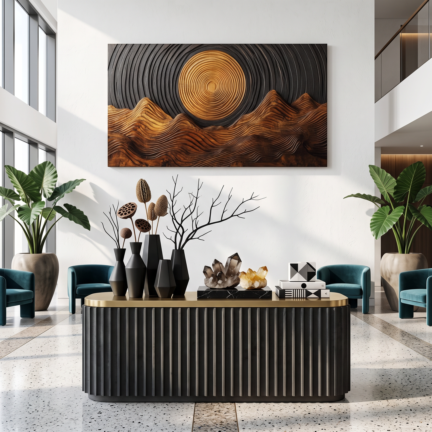 Wall Sculpture Golden Sun with Flowing Mountain Ridges
