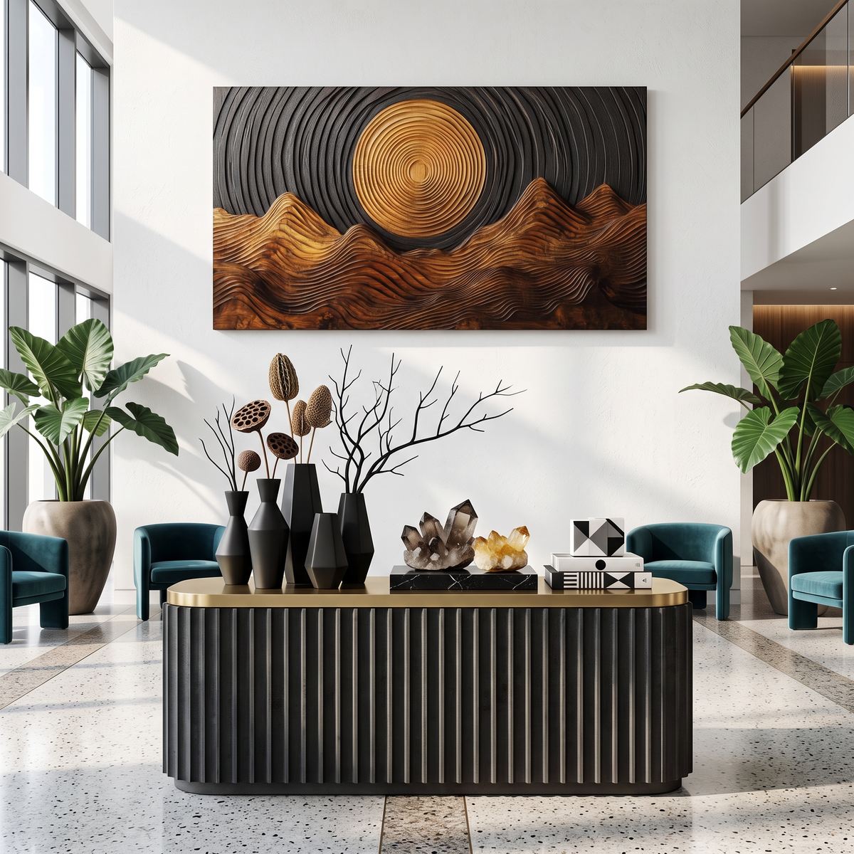 Wall Sculpture Golden Sun with Flowing Mountain Ridges