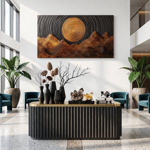 Wall Sculpture Golden Sun with Flowing Mountain Ridges