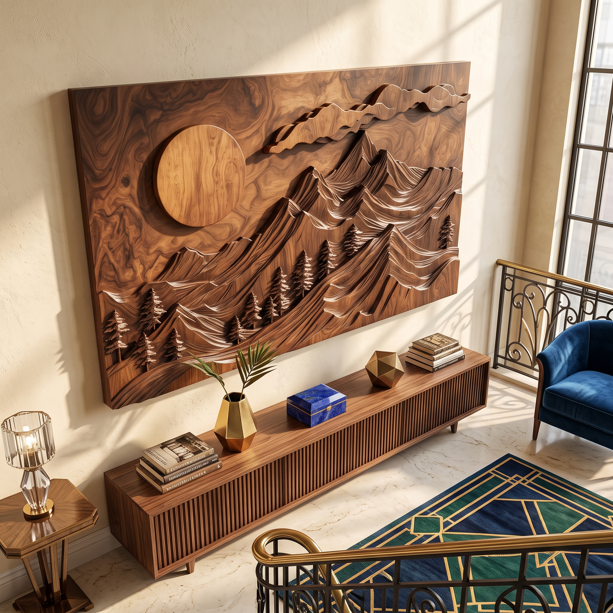 Wall Sculpture Mountain Forest with Rising Sun and Layered Peaks