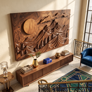 Wall Sculpture Mountain Forest with Rising Sun and Layered Peaks