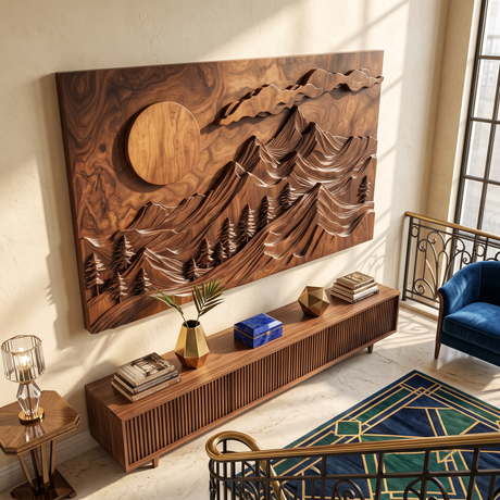 Wall Sculpture Mountain Forest with Rising Sun and Layered Peaks
