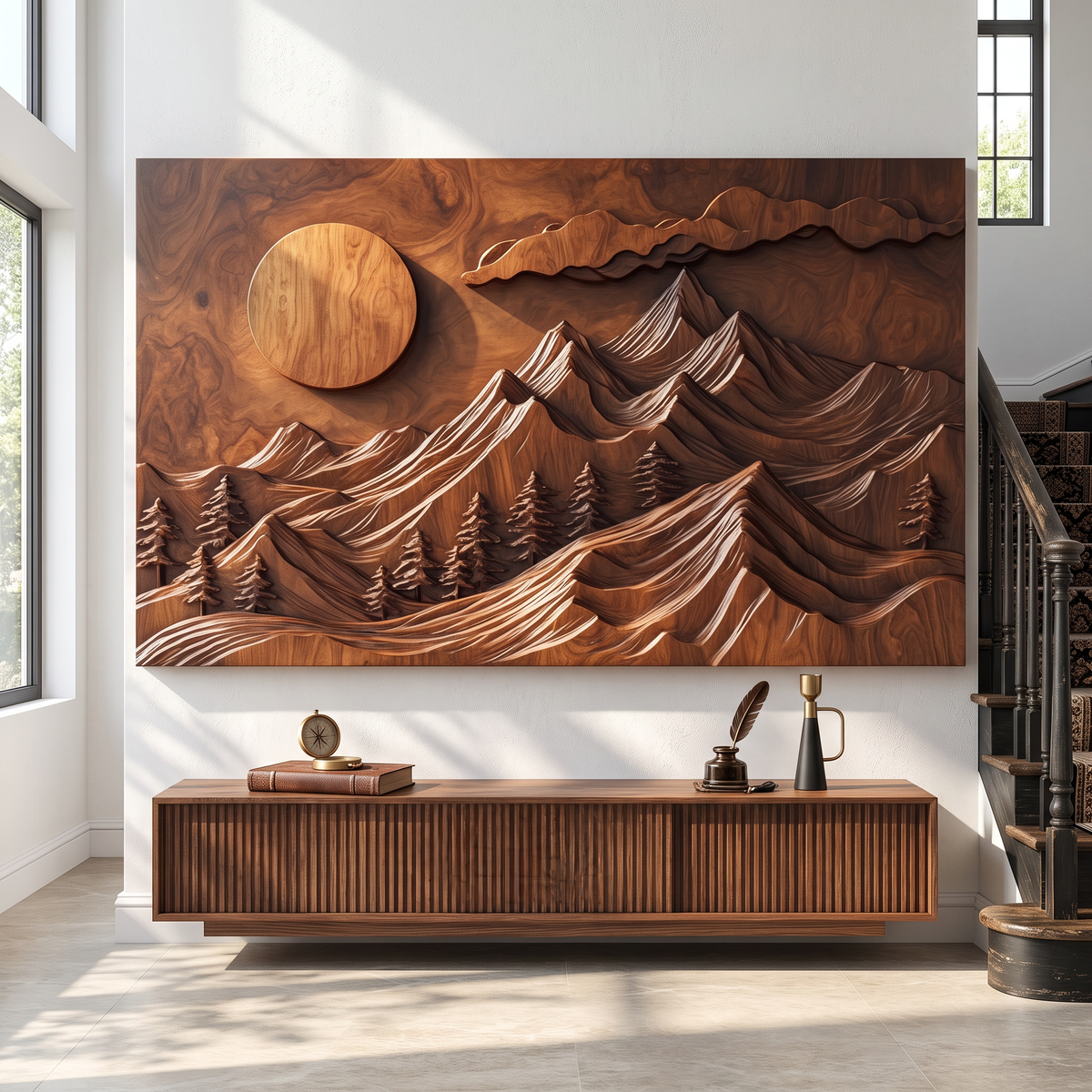 Wall Sculpture Mountain Forest with Rising Sun and Layered Peaks