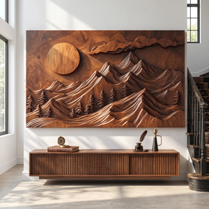 Wall Sculpture Mountain Forest with Rising Sun and Layered Peaks