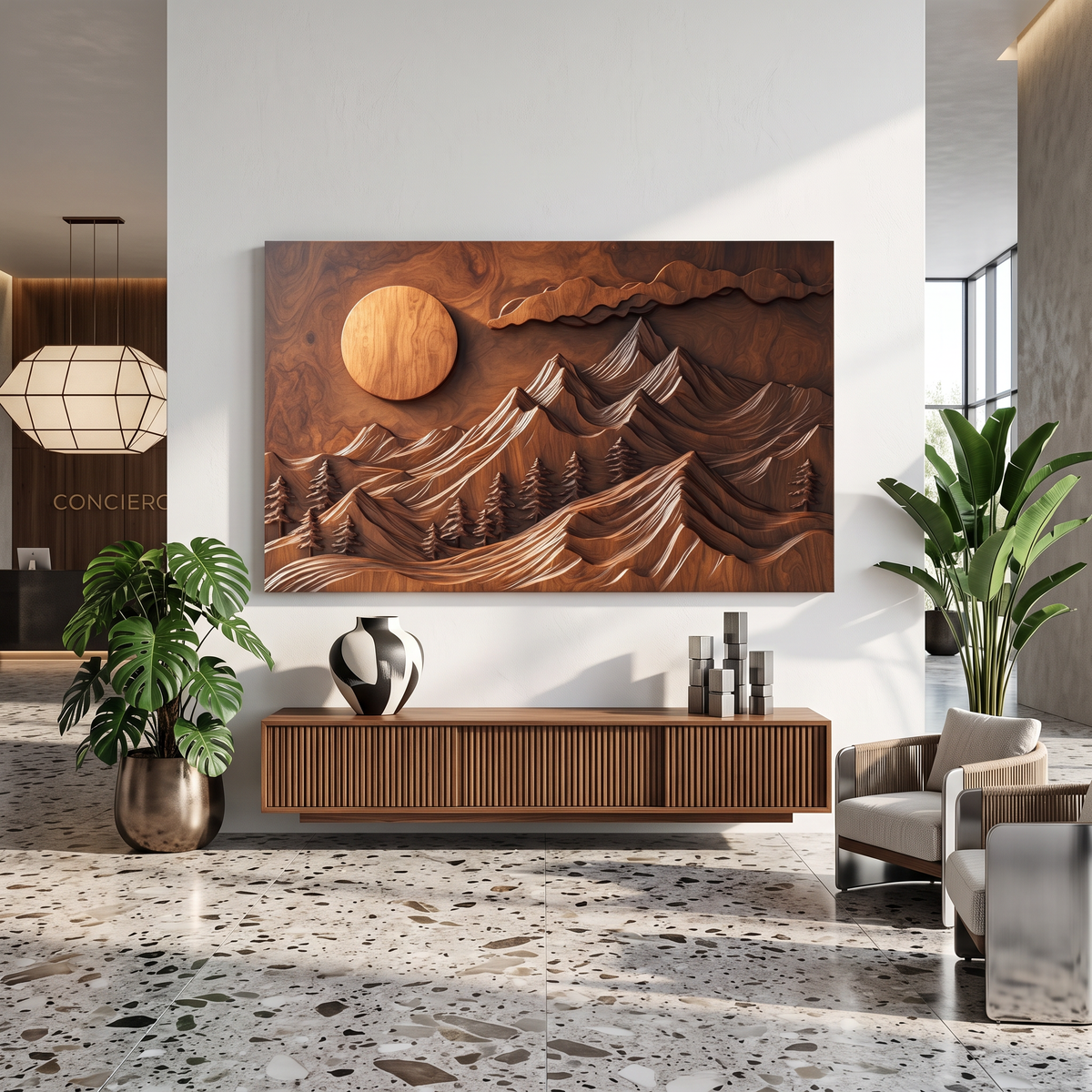 Wall Sculpture Mountain Forest with Rising Sun and Layered Peaks