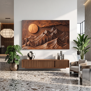 Wall Sculpture Mountain Forest with Rising Sun and Layered Peaks