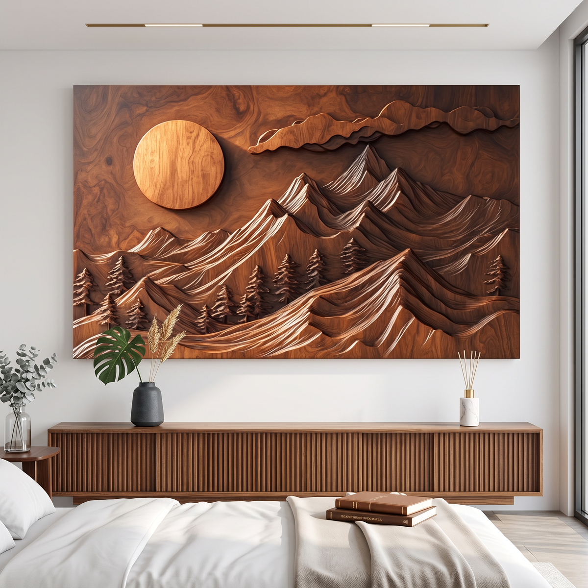 Wall Sculpture Mountain Forest with Rising Sun and Layered Peaks