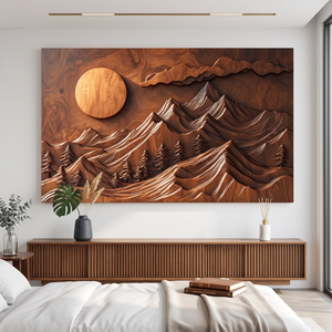 Wall Sculpture Mountain Forest with Rising Sun and Layered Peaks