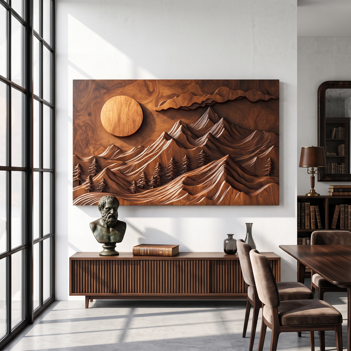 Wall Sculpture Mountain Forest with Rising Sun and Layered Peaks