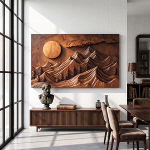 Wall Sculpture Mountain Forest with Rising Sun and Layered Peaks