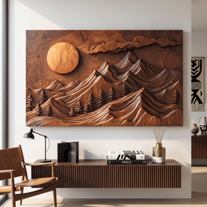 Wall Sculpture Mountain Forest with Rising Sun and Layered Peaks