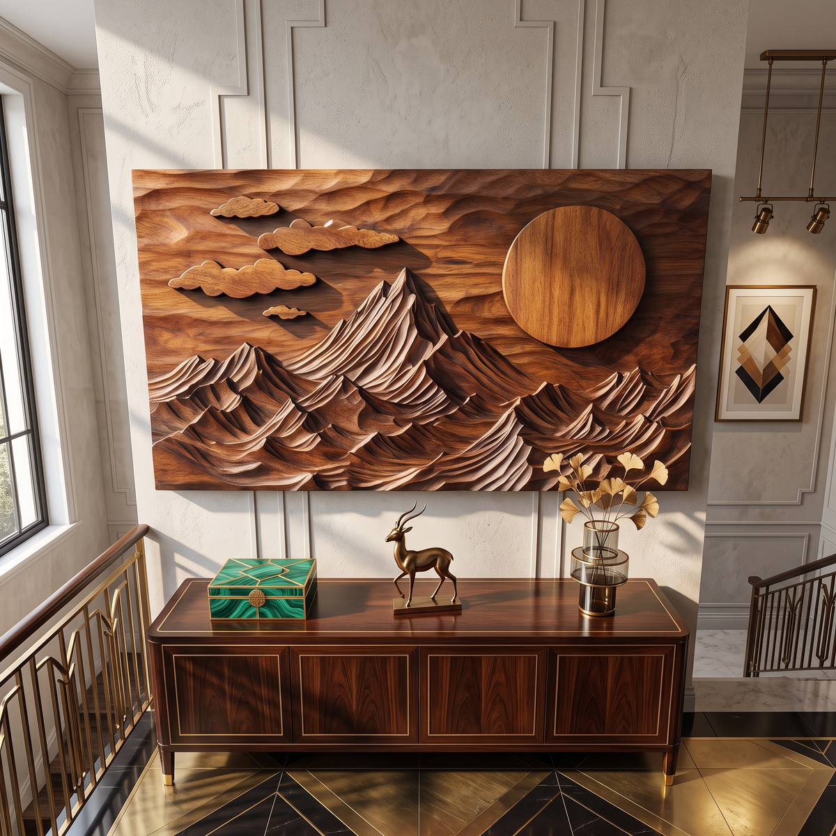Wall Sculpture Mountain Landscape with Sun and Floating Clouds