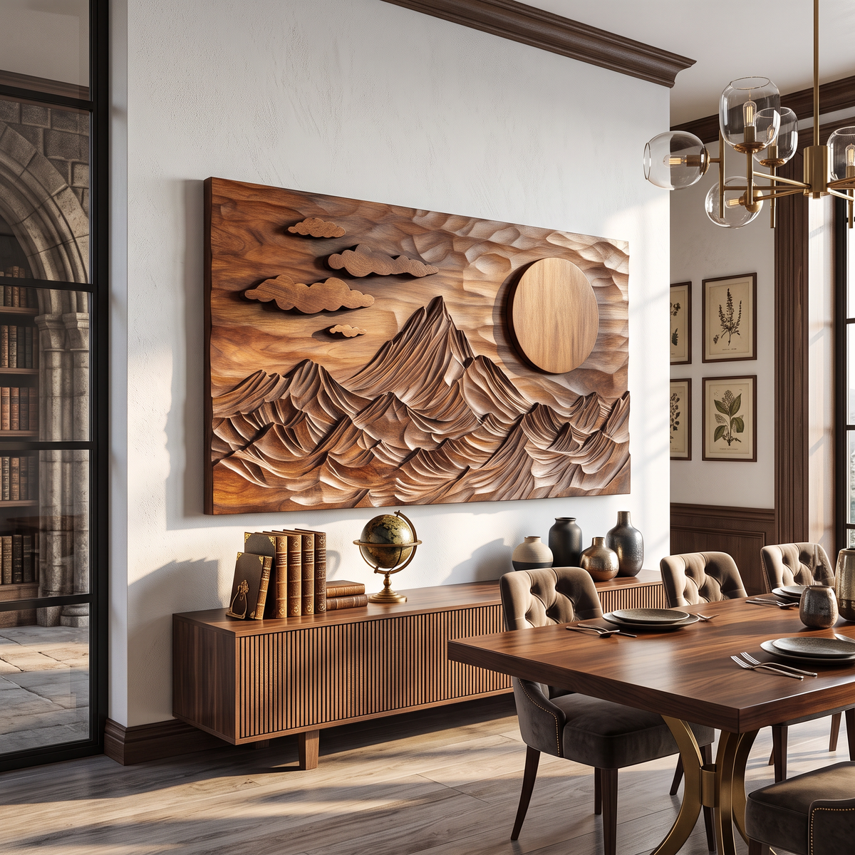 Wall Sculpture Mountain Landscape with Sun and Floating Clouds