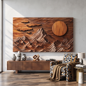 Wall Sculpture Mountain Landscape with Sun and Floating Clouds
