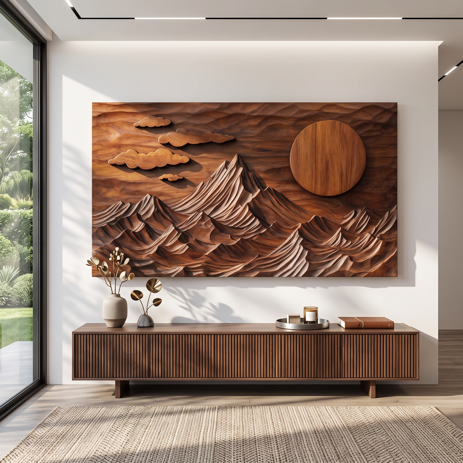 Wall Sculpture Mountain Landscape with Sun and Floating Clouds