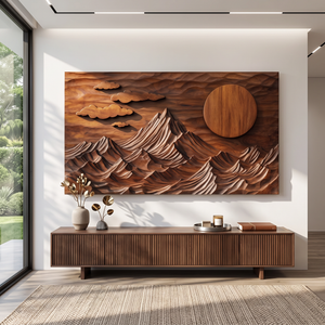 Wall Sculpture Mountain Landscape with Sun and Floating Clouds