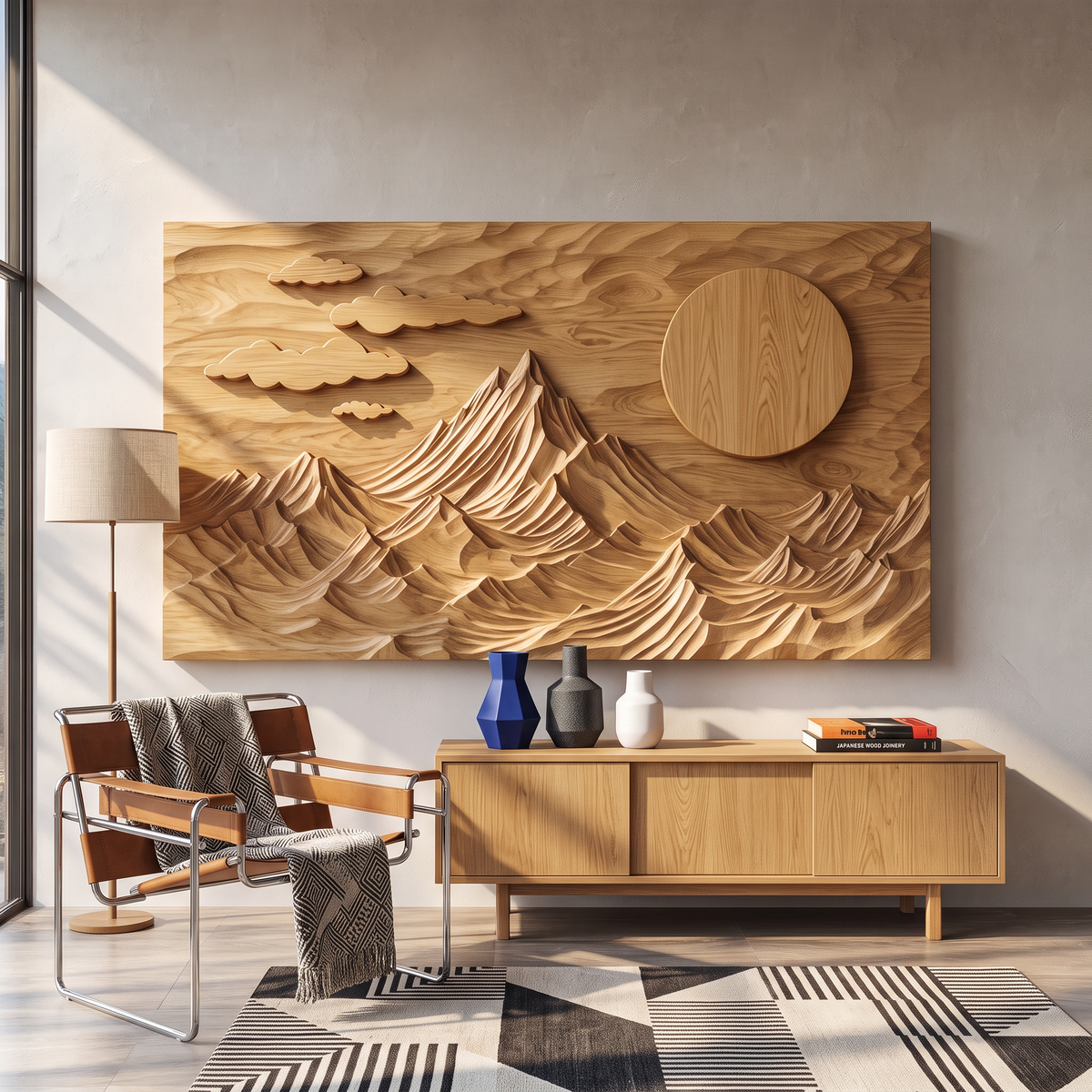 Wall Sculpture Mountain Landscape with Sun and Floating Clouds