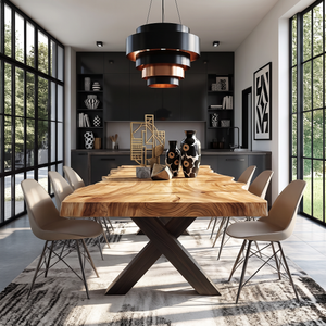Dining Table with X-Shaped Base and Live Edge Solid Wood Top