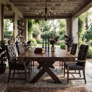 Dining Table with X-Shaped Base and Live Edge Solid Wood Top