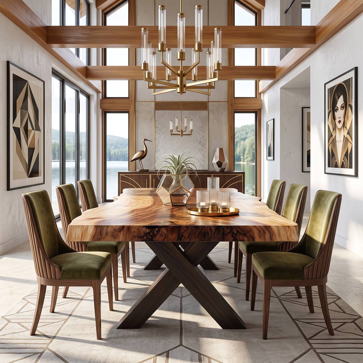 Dining Table with X-Shaped Base and Live Edge Solid Wood Top