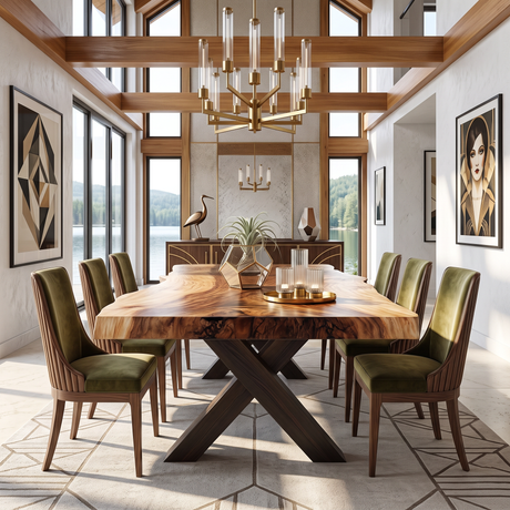 Dining Table with X-Shaped Base and Live Edge Solid Wood Top