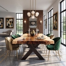 Dining Table with X-Shaped Base and Live Edge Solid Wood Top