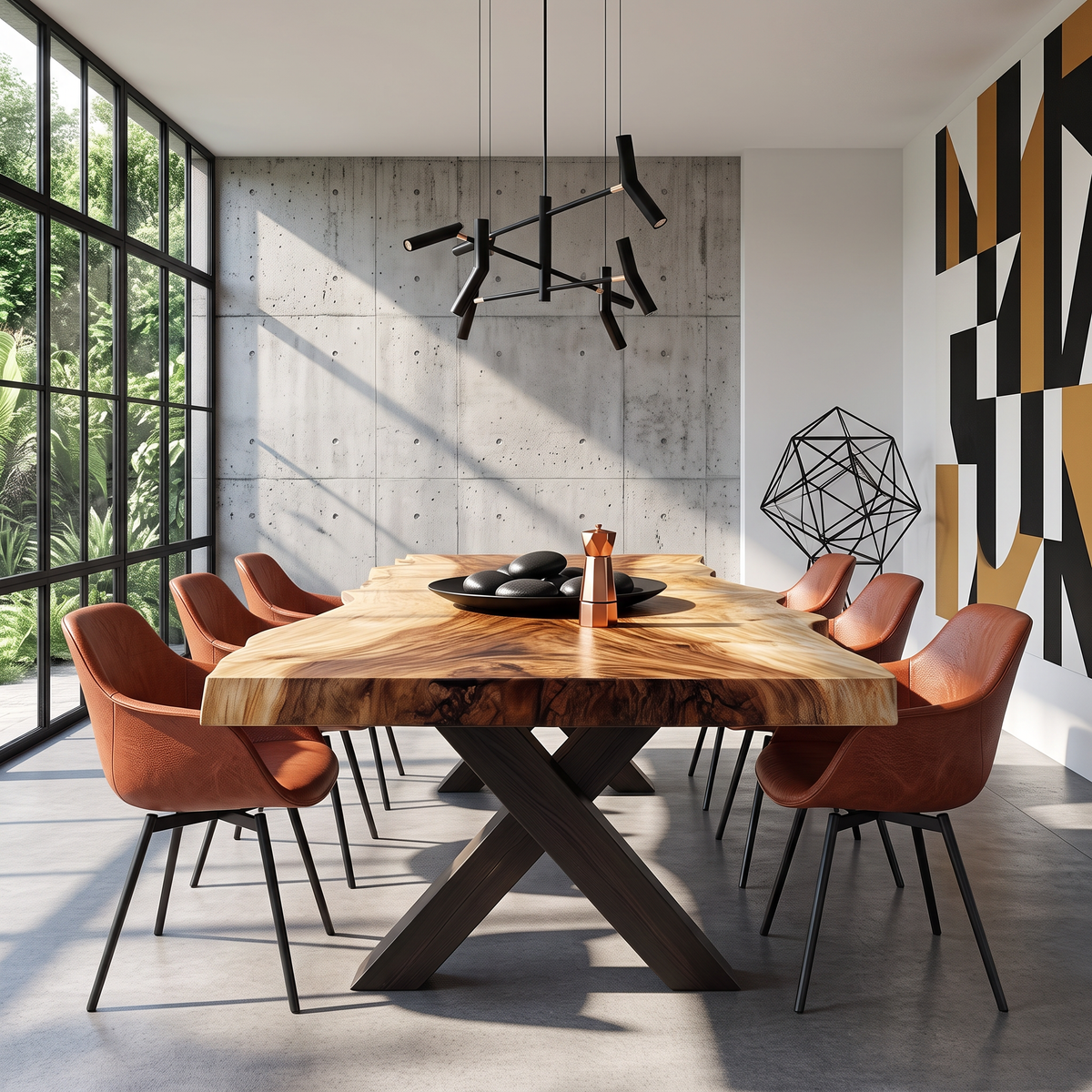 Dining Table with X-Shaped Base and Live Edge Solid Wood Top