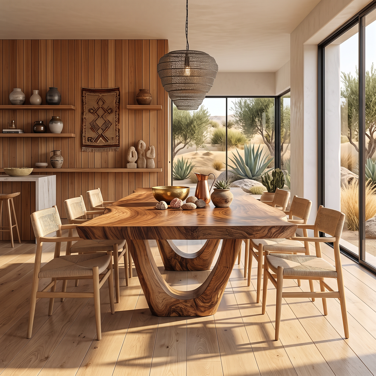 Dining Table with Sculptural U-Shaped Base and Organic Solid Wood Top