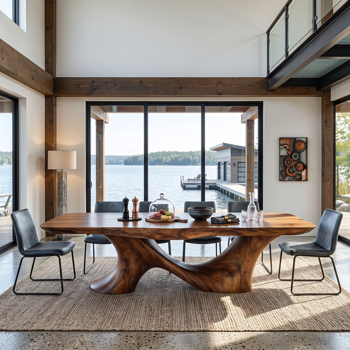 Dining Table with Sculptural Twin Curve Base and Organic Solid Wood Top