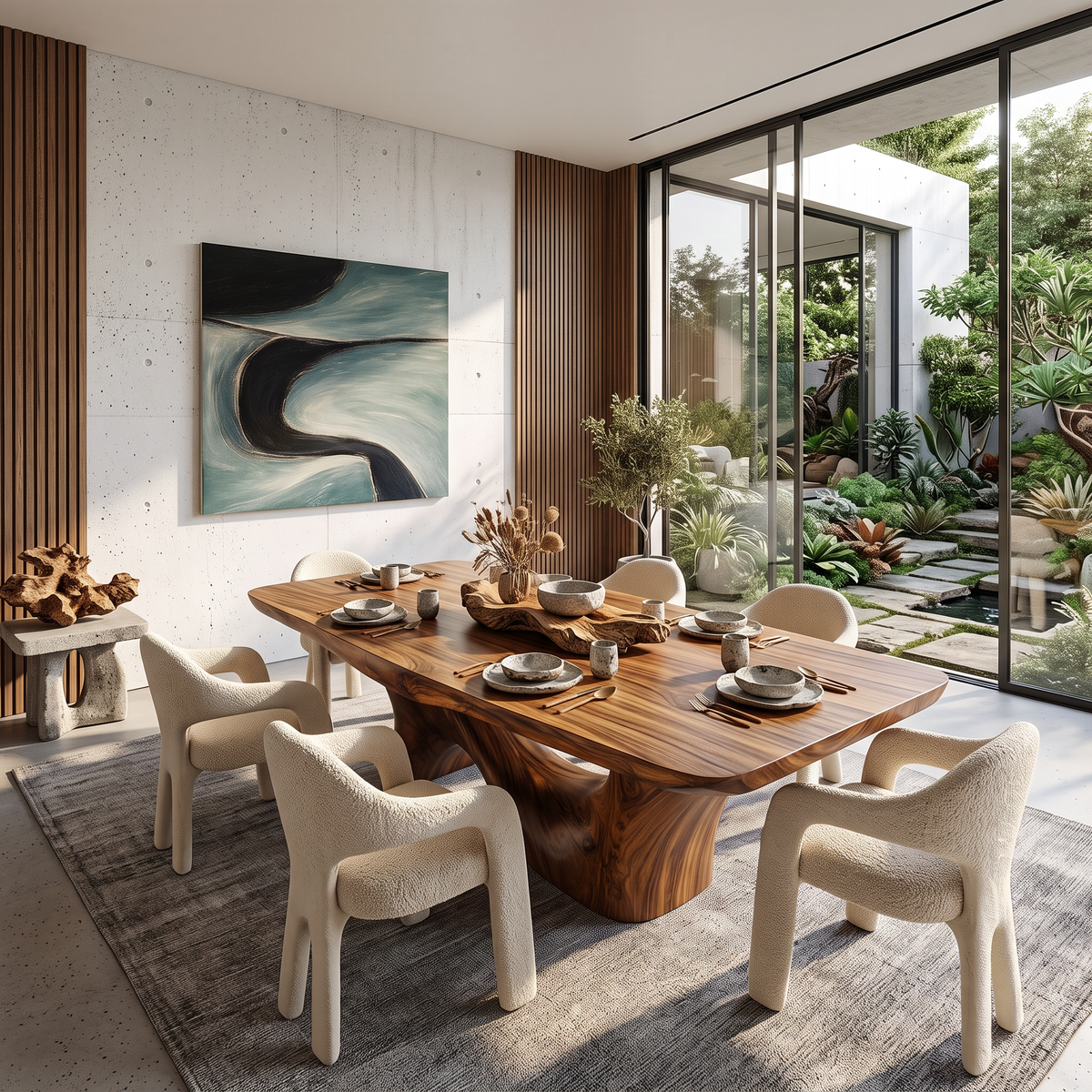 Dining Table with Sculptural Twin Curve Base and Organic Solid Wood Top