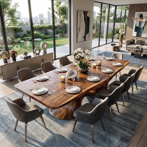 Dining Table with Sculptural Twin Curve Base and Organic Solid Wood Top